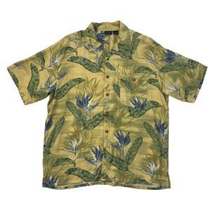 WF Hawaiian Silk Shirt Mens L Large Yellow Floral Short Sleeve Island Casual